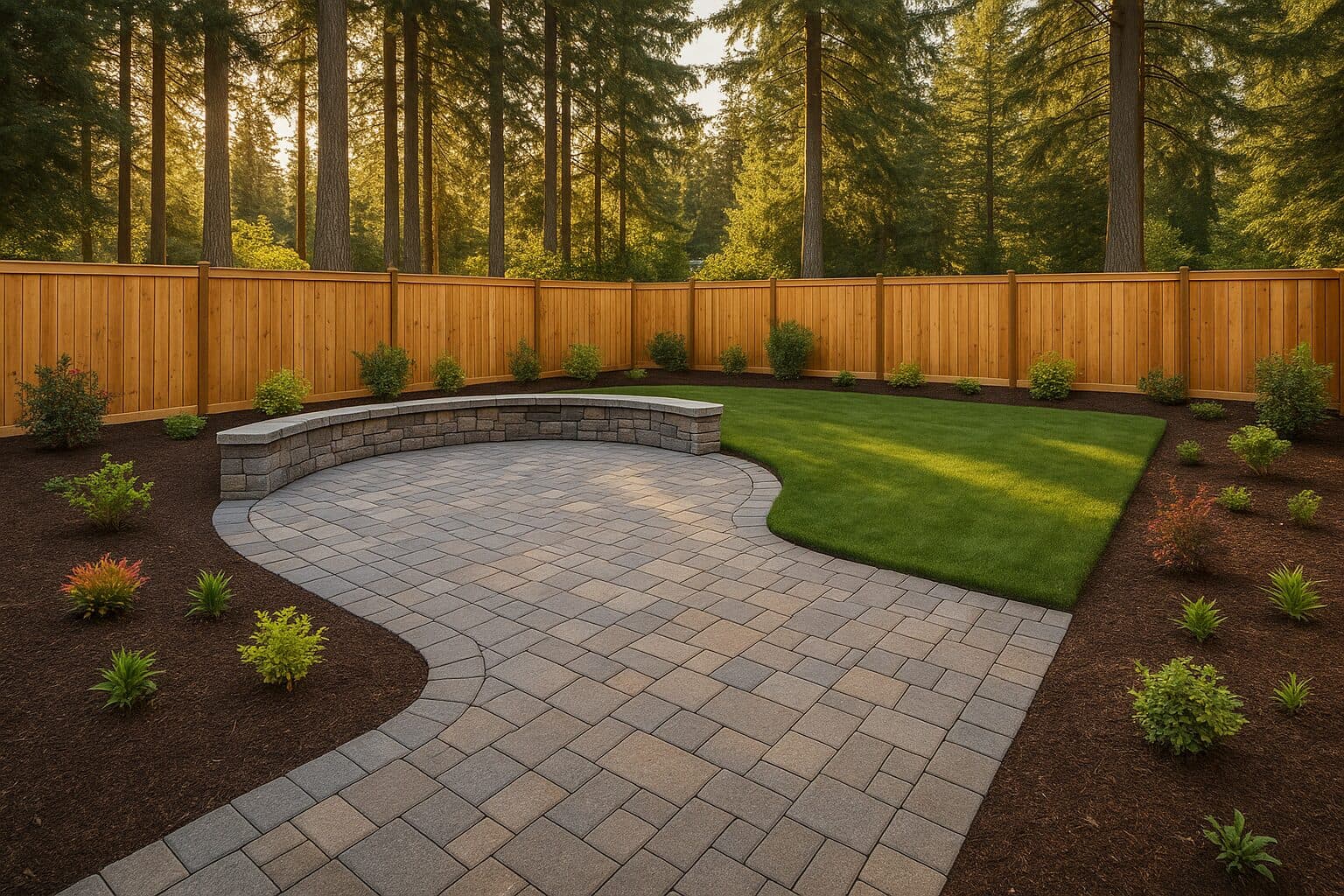A finished Pacific Northwest backyard with a paver patio, seat wall, and cedar fence