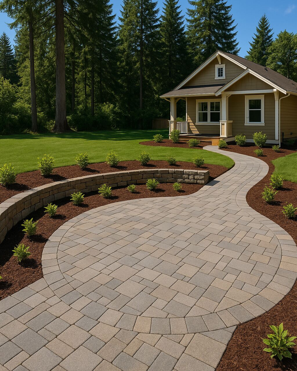 Finished paver patio and walkway with stacked-stone edging at a Pacific Northwest home