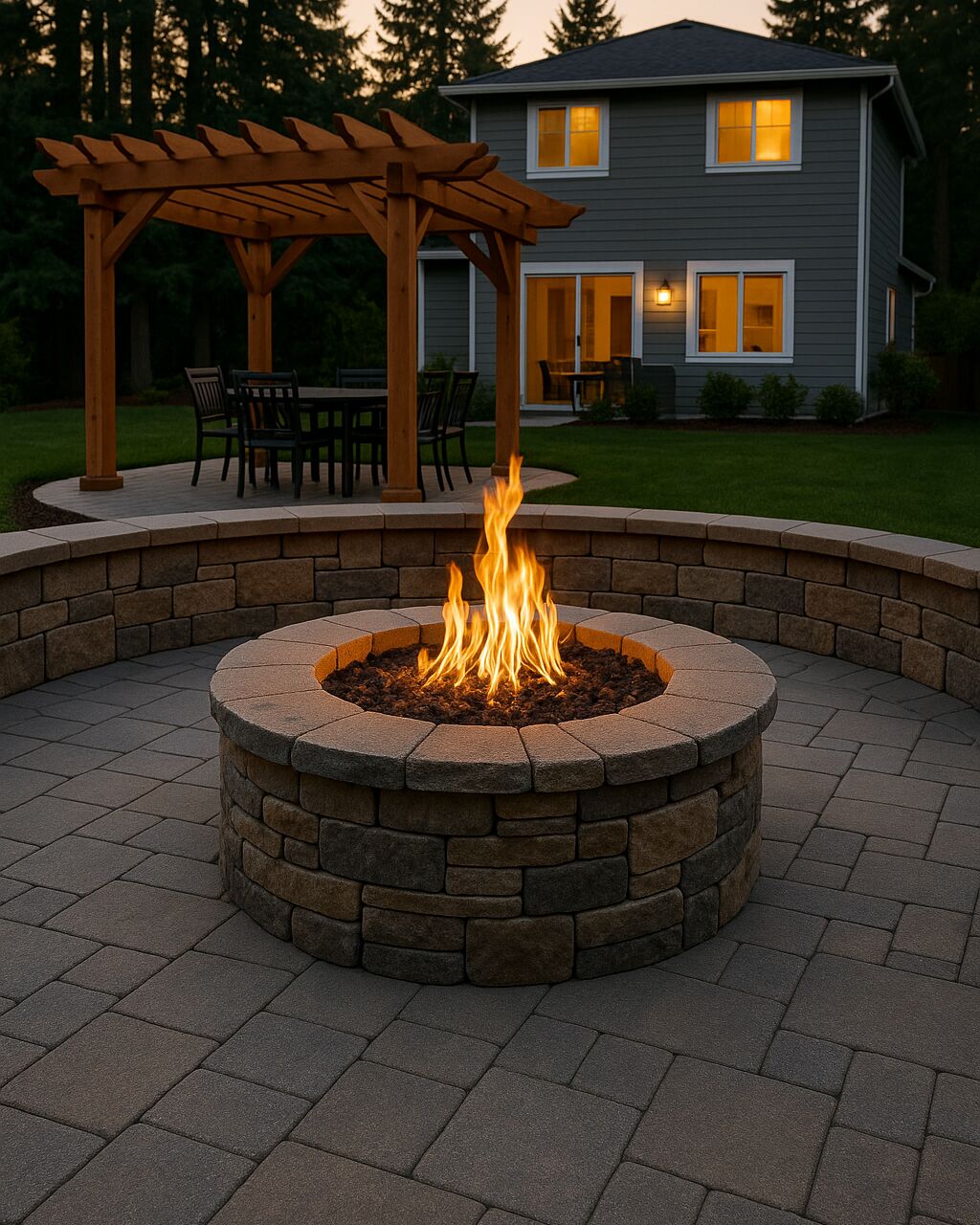 Stacked-stone retaining wall and finished hardscape in a Pacific Northwest back yard