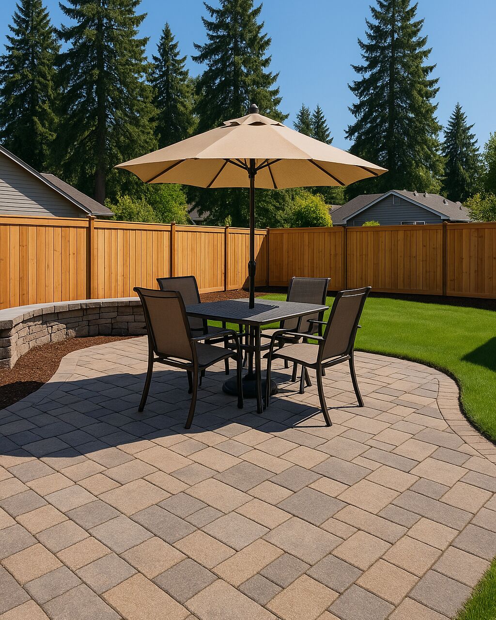 Outdoor living area with a stone fire pit, paver patio and seat wall