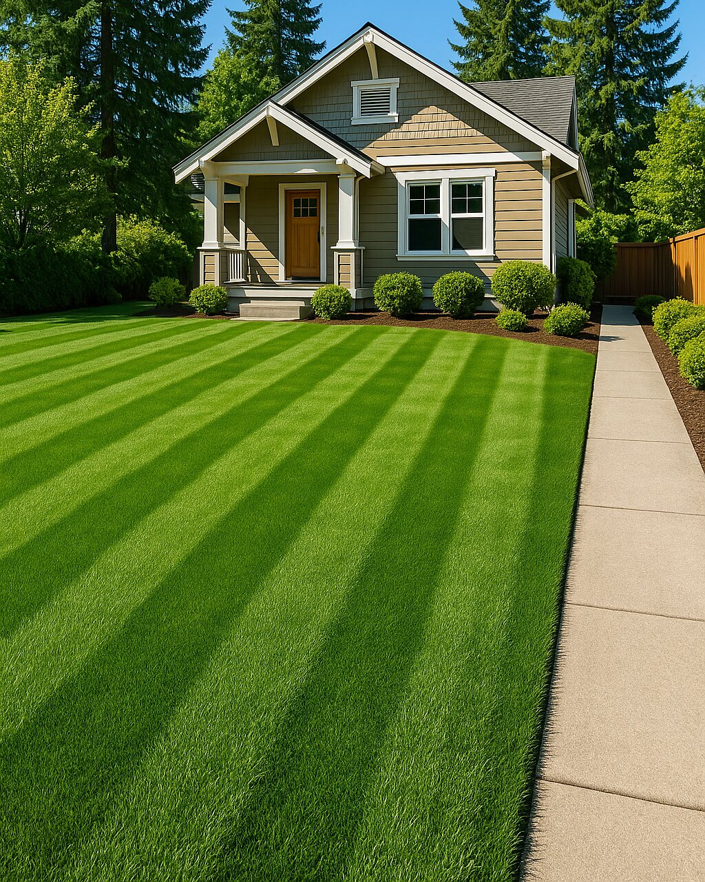 Freshly mown striped lawn with crisp edges at a Pacific Northwest home