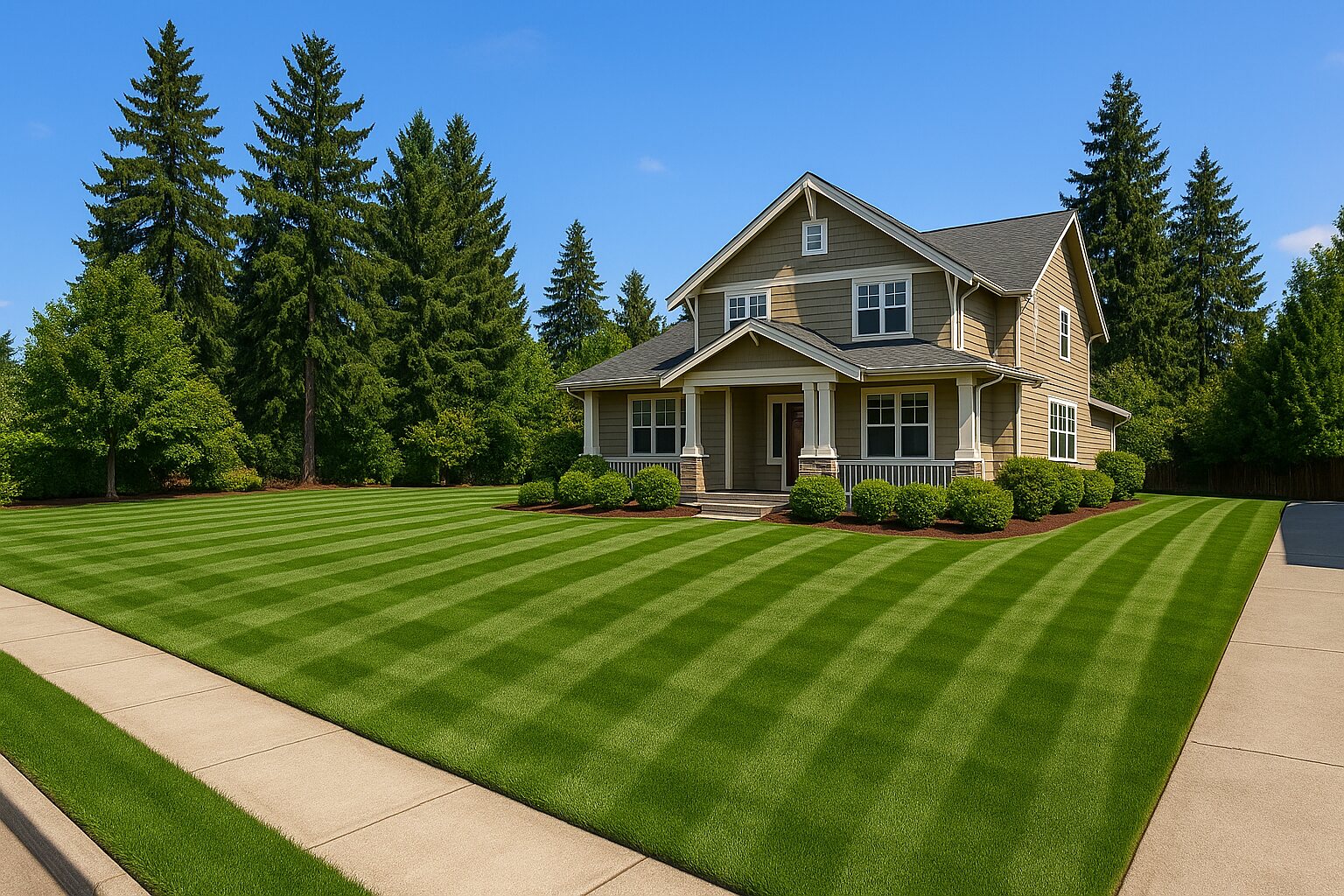 Freshly mowed striped lawn and trimmed shrubs at a Pacific Northwest home